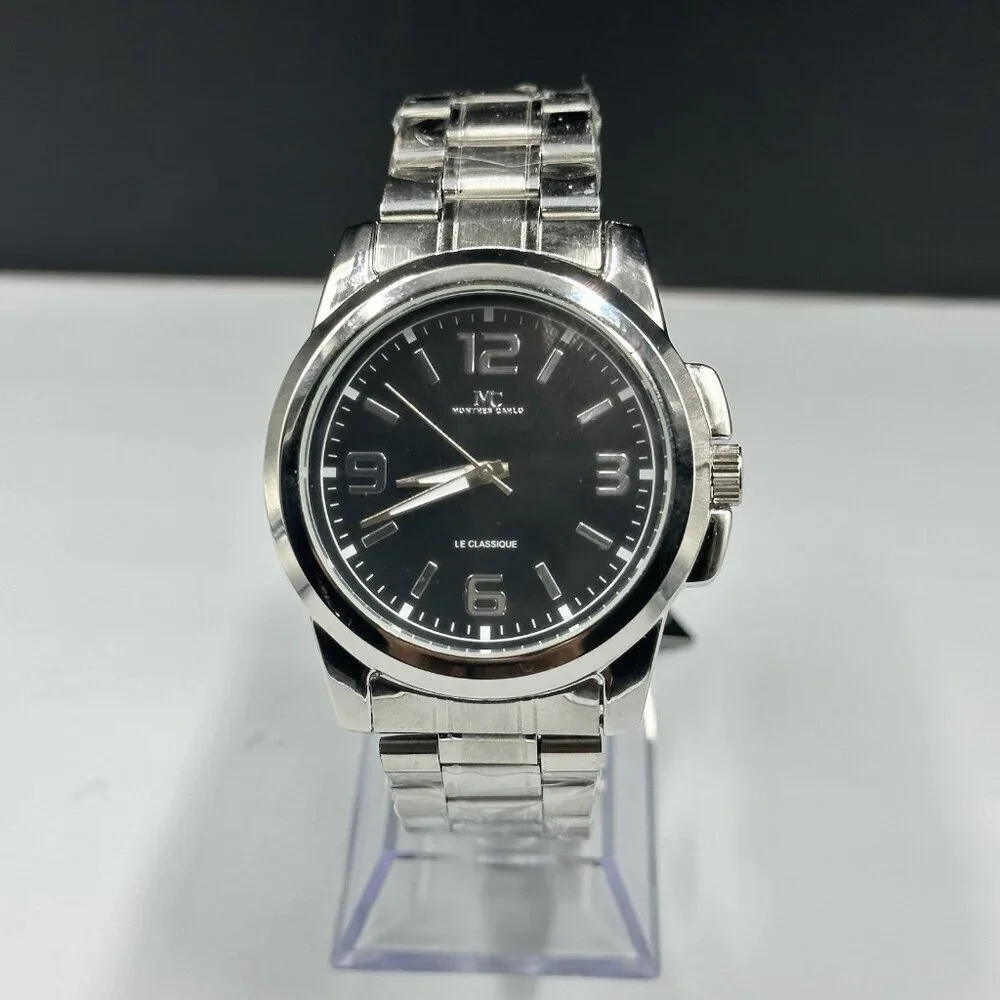 Montres Carlo Watch Men Silver Tone Black Dial Round 43MM New Battery 8.25
